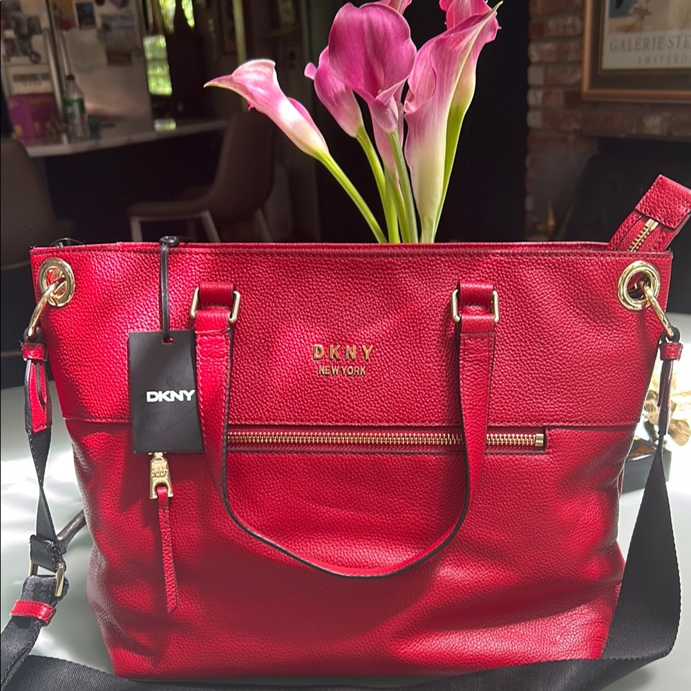DKNY Red ❤️ Tote with Gold Hardware and Structured Design